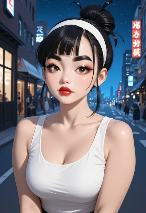 night sky, city street, perfect face, (black hair, top knot hair bun), (white headband), black eyebrows, thick eyebrows, black eyelashes, black eyeliners, light brown eyes, bright red lips, thick lips, beautiful woman, white tank top, (female asian, asian ...