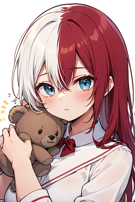 [High Quality]   girl, bicolor hair half red and white, BICOLOR RED AND BLUE eyes , white princess pajamas, expression: nervous,  of a , half red and white hair, [Shoto Todoroki] Small breasts, hugging a teddy eye