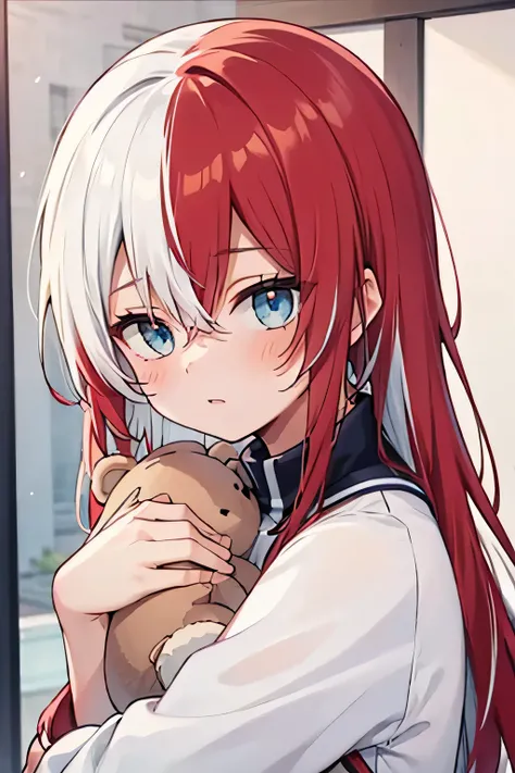 [High Quality]   girl, bicolor hair half red and white, BICOLOR RED AND BLUE eyes , white princess pajamas, expression: nervous,  of a , half red and white hair, [Shoto Todoroki] Small breasts, hugging a teddy eye