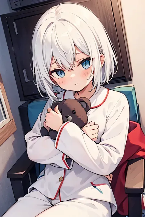 [High Quality]   girl, bicolor hair half red and white, BICOLOR RED AND BLUE eyes , white princess pajamas, expression: nervous,  of a , half red and white hair, [Shoto Todoroki] Small breasts, hugging a teddy eye