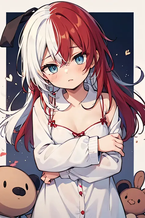 [High Quality]   girl, bicolor hair half red and white, BICOLOR RED AND BLUE eyes , white princess pajamas, expression: nervous,  of a , hair half red and white, [Shoto Todoroki] Small breasts, hugging a teddy eye