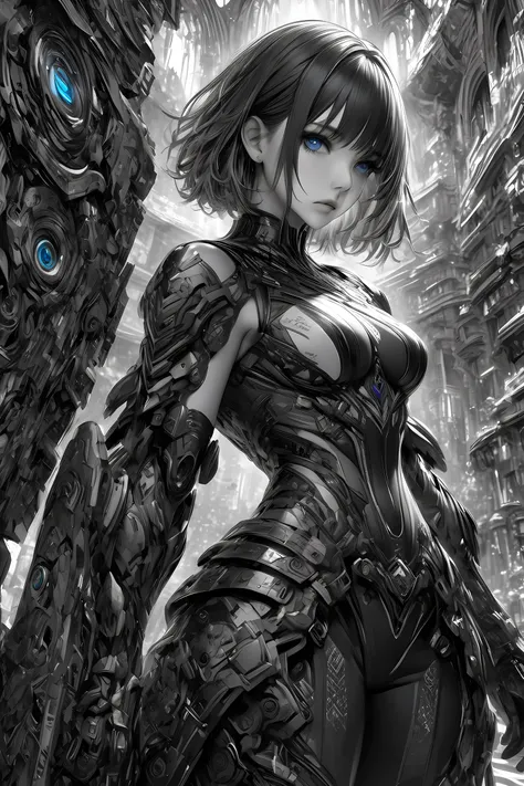 solo,cool persuit style woman\(very complex armor,2 tone color,cool complexity huge weapon,sharp dark blue eyes,short hair,black hair, arms, standing, Dignified posture,look viewer\),background is monochrome Geometric patterns,(ultra-Details,intricate art...