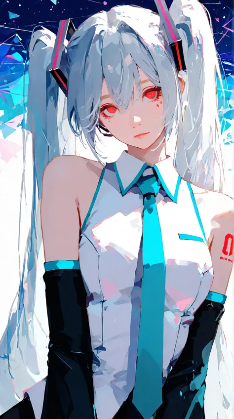 Masterpiece, Best Quality, Top Quality, Very Detailed, 1 girl, Stunning digital anime art of a futuristic anime girl with long flowing twin-tails, silver hair, and expressive red eyes. She's wearing a sleeveless futuristic outfit with digital patterns and ...