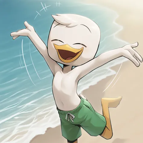 (masterpiece, best quality, very aesthetic, absurdres, artist:sakura, beach, shaded, motion lines, action lines,) 1boy, male, solo, louie duck, beak, eyes closed, on model, green swimming trunks, (happy, smile:1.2) perfect white bare skin, perfect bare che...