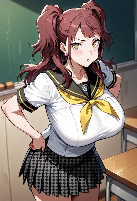 (masterwork, masterpiece, best quality, hyper-detailed :1.2), 1 girl, solo, cute face, p4rise, kujikawa, rise, twintails, long hair, brown hair, pink earrings p4rise-sumuni, yasogami school uniform, serafuku, short sleeves, white shirt, skirt, pleated skir...