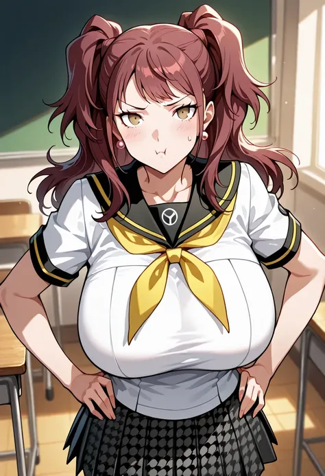 (masterwork, masterpiece, best quality, hyper-detailed :1.2), 1 girl, solo, cute face, p4rise, kujikawa, rise, twintails, long hair, brown hair, pink earrings p4rise-sumuni, yasogami school uniform, serafuku, short sleeves, white shirt, skirt, pleated skir...