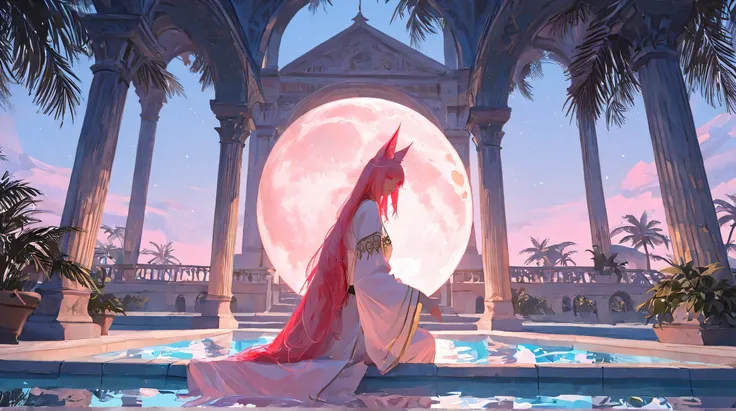 Masterpiece, Best Quality, Top Quality, Very Detailed, 1 girl, Stunning anime-style artwork of a mystical, elegant girl with long flowing pink hair and fox-like ears, sitting gracefully in a glowing pool under the full moon. She wears an ornate white and r...