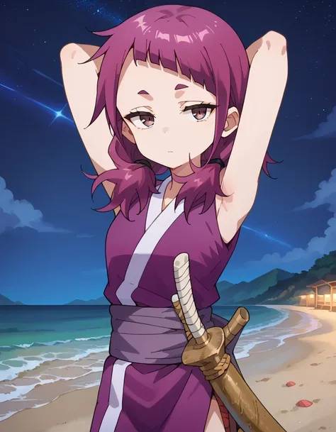 shakuyaku, sleeveless, japanese clothes, hightighs, fingerless gloves, anime screenshot, shiny skin, high quality, solo, three-quarter cowboy shot, (contrapposto), hands behind head, closed mouth, night sky, beach, looking at viewer, expressionless, best q...