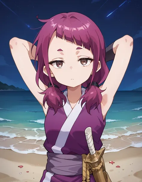 shakuyaku, sleeveless, japanese clothes, hightighs, fingerless gloves, anime screenshot, shiny skin, high quality, solo, three-quarter cowboy shot, (contrapposto), hands behind head, closed mouth, night sky, beach, looking at viewer, expressionless, best q...