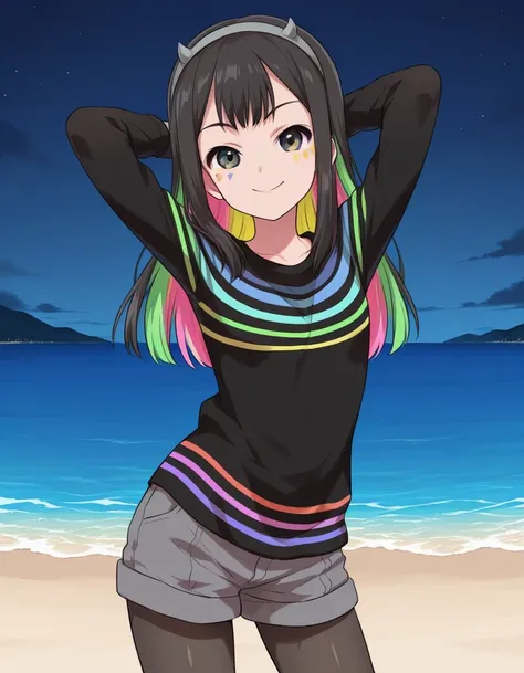 Nanairo Multi,multicolored hair,black shirt,striped shirt,hairband,black pantyhose,grey shorts,long sleeves,facial mark, shiny skin, high quality, solo, three-quarter cowboy shot, (contrapposto), hands behind head, closed mouth, night sky, beach, looking a...