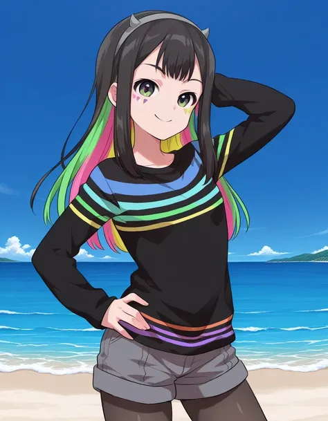 Nanairo Multi,multicolored hair,black shirt,striped shirt,hairband,black pantyhose,grey shorts,long sleeves,facial mark, shiny skin, high quality, solo, three-quarter cowboy shot, (contrapposto), hand behind head, hand on hip, closed mouth, night sky, beac...