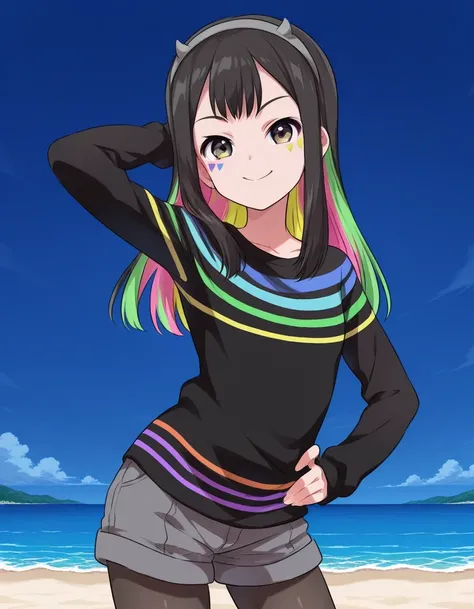 Nanairo Multi,multicolored hair,black shirt,striped shirt,hairband,black pantyhose,grey shorts,long sleeves,facial mark, shiny skin, high quality, solo, three-quarter cowboy shot, (contrapposto), hand behind head, hand on hip, closed mouth, night sky, beac...