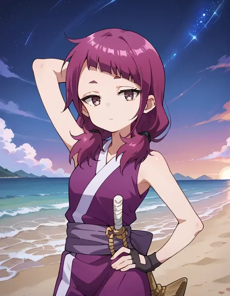 shakuyaku, sleeveless, japanese clothes, hightighs, fingerless gloves, anime screenshot, shiny skin, high quality, solo, three-quarter cowboy shot, (contrapposto), hand behind head, hand on hip, closed mouth, night sky, beach, looking at viewer, expression...