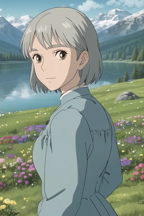 upper body, (best quality), (masterpiece), (solo), 1girl, grey hair, brown eyed, medium length hair, blue dress, grass, flowers, lake, trees, mountains, sunny, looking at viewer