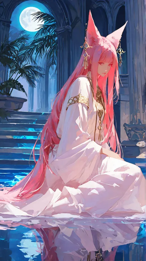 Masterpiece, Best Quality, Top Quality, Very Detailed, 1 girl, Stunning anime-style artwork of a mystical, elegant girl with long flowing pink hair and fox-like ears, sitting gracefully in a glowing pool under the full moon. She wears an ornate white and r...