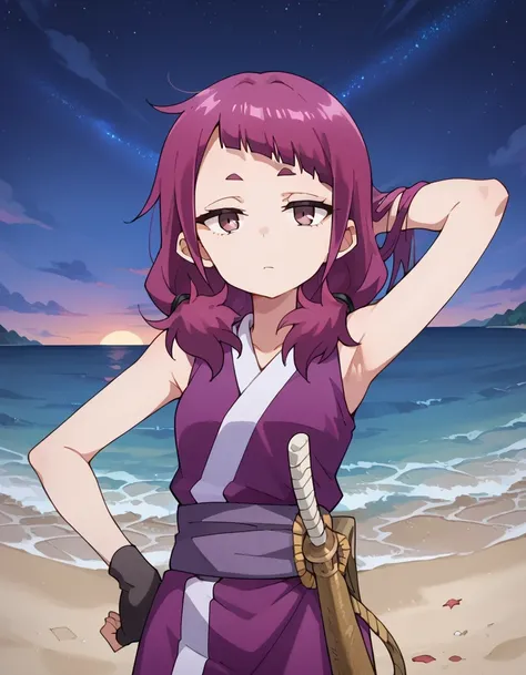shakuyaku, sleeveless, japanese clothes, hightighs, fingerless gloves, anime screenshot, shiny skin, high quality, solo, three-quarter cowboy shot, (contrapposto), hand behind head, hand on hip, closed mouth, night sky, beach, looking at viewer, expression...
