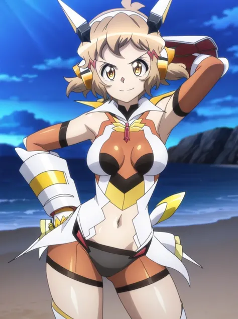 hibikigear, anime screenshot, 1girl, solo, short hair, brown hair, brown eyes scarf, headgear, navel, headphones, bodysuit, medium breasts, gauntlets,, hair ornament, shiny skin, high quality, solo, night sky, beach, (contrapposto), closed mouth, hand behi...