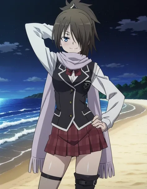 Levi Kazama (character), Levi school uniform (outfit), anime coloring, anime screencap, solo, scarf, hair over one eye, brown hair, blue eyes, skirt, asymmetrical legwear, school uniform, ponytail, thighhighs, mismatched legwear, shiny skin, high quality, ...