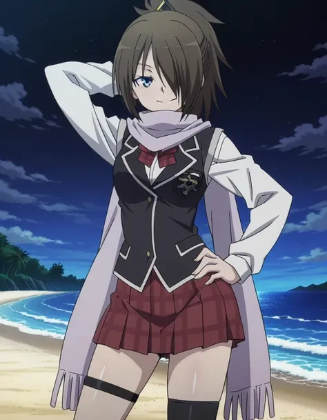 Levi Kazama (character), Levi school uniform (outfit), anime coloring, anime screencap, solo, scarf, hair over one eye, brown hair, blue eyes, skirt, asymmetrical legwear, school uniform, ponytail, thighhighs, mismatched legwear, shiny skin, high quality, ...