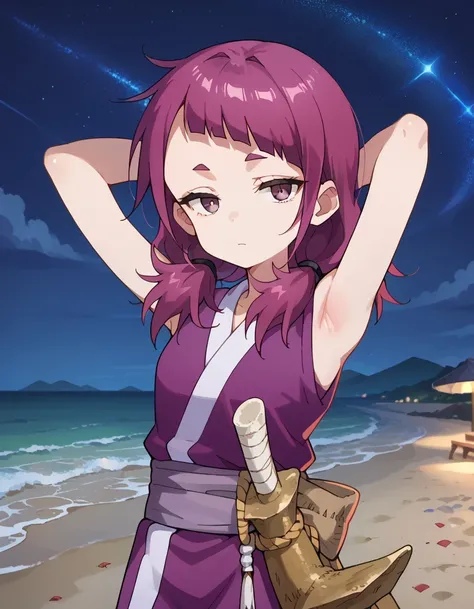 shakuyaku, sleeveless, japanese clothes, hightighs, fingerless gloves, anime screenshot, shiny skin, high quality, solo, three-quarter cowboy shot, (contrapposto), hands behind head, closed mouth, night sky, beach, looking at viewer, expressionless, best q...