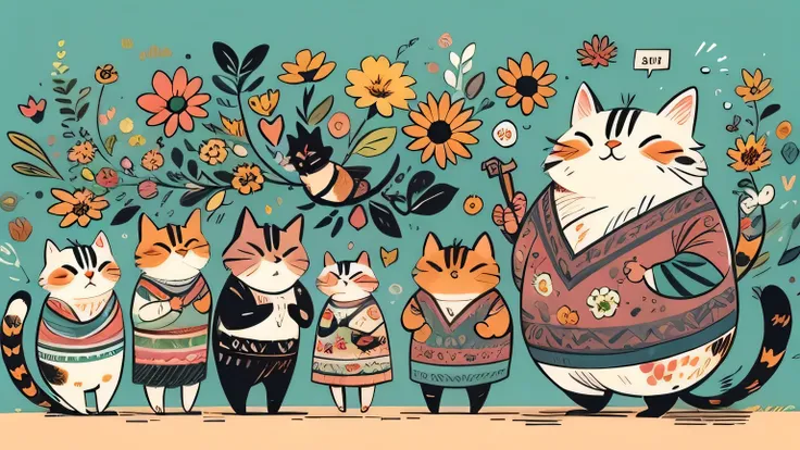 many coffees, many cakes, many flowers, many sugars, many coffee bottles, many kitties