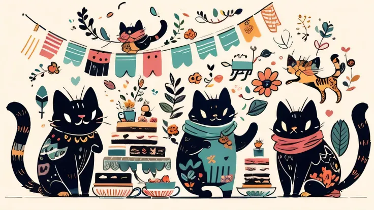 many coffees, many cakes, many flowers, many sugars, many coffee bottles, many kitties