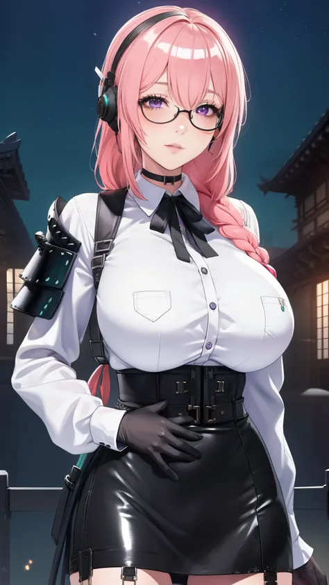 bright clothes, a girl, (Yanagi Tsukishiro ), Alone, Standing, front view,  looking at the viewer , long braided hair pink, beautiful eyes ,  detailed eyes , purple eyes shirt, huge breasts, sensual lips, ((simple samurai armour shoulder pad)) , ((earpiece...