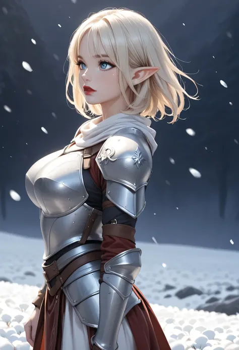 snowfield, 1girl, elf, from side, medium hair, bangs, big eyes, blue eyes, lips, red lips, large breasts, female armor, standing