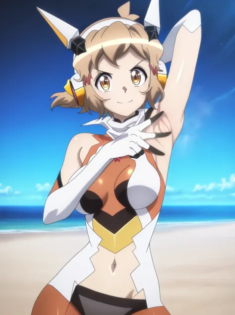 hibikigear, anime screenshot, 1girl, solo, short hair, brown hair, brown eyes scarf, headgear, navel, headphones, bodysuit, medium breasts, hair ornament, shiny skin, high quality, solo, upper body, (contrapposto), v, spread armpit, presenting armpit, hand...