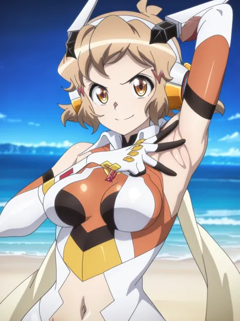 hibikigear, anime screenshot, 1girl, solo, short hair, brown hair, brown eyes scarf, headgear, navel, headphones, bodysuit, medium breasts, hair ornament, shiny skin, high quality, solo, upper body, (contrapposto), v, spread armpit, presenting armpit, hand...