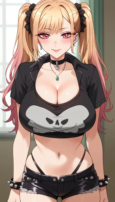 score_9, score_8_up, score_7_up, score_6_up, score_5_up, score_4_up, rating_explicit, Goth girl, KJOmarin, choker, goth clothes, pink eyes, makeup, skull print, black T-shirt, spiked bracelets, dark leather shorts, cut shorts, massive breasts, twintails, m...
