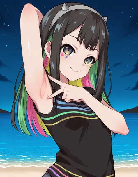 Nanairo Multi,multicolored hair,black shirt, striped shirt, hairband, sleeveless, facial mark, shiny skin, high quality, solo, upper body, (contrapposto), v, spread armpit, presenting armpit, hand behind head, closed mouth, night sky, beach, looking at vie...