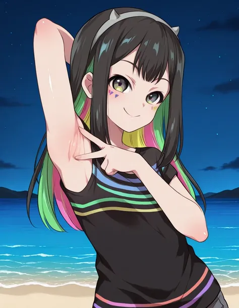 Nanairo Multi,multicolored hair,black shirt, striped shirt, hairband, sleeveless, facial mark, shiny skin, high quality, solo, upper body, (contrapposto), v, spread armpit, presenting armpit, hand behind head, closed mouth, night sky, beach, looking at vie...