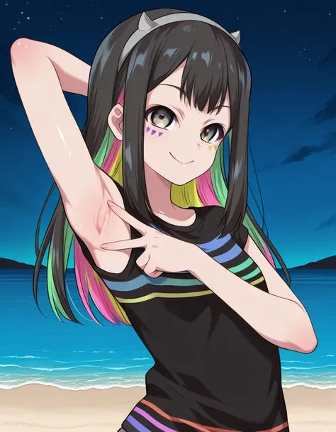 Nanairo Multi,multicolored hair,black shirt, striped shirt, hairband, sleeveless, facial mark, shiny skin, high quality, solo, upper body, (contrapposto), v, spread armpit, presenting armpit, hand behind head, closed mouth, night sky, beach, looking at vie...