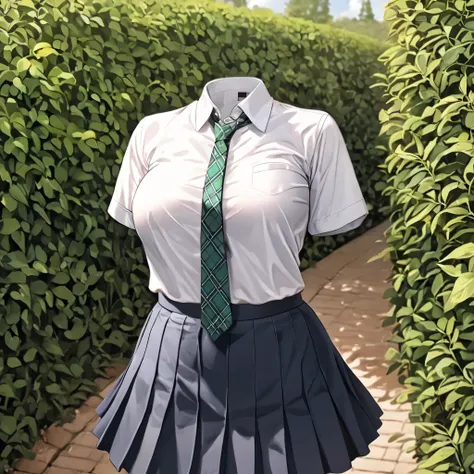 (invisible:1.5, no humans:1.5, headless:1.5, faceless:1.5), (School uniform, check tie, in garden:1.2), plaid skirt, (big breast), (best quality, masterpiece:1.2), detailed cloth texture, detailed anime, illust, leaning forward