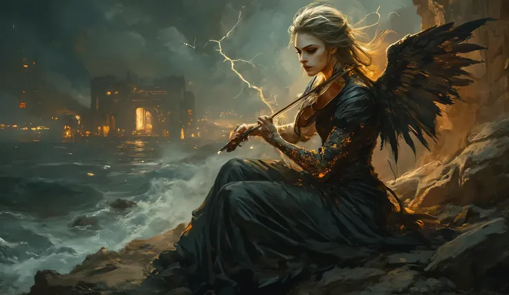 A fallen angel with scorched black wings, glowing ember feathers, sitting on a high cliff above a stormy ocean, playing a glowing electric violin. Her eyes shine with sorrow and power, ghostly spirits swirl around her, forming haunting shapes in the mist. ...