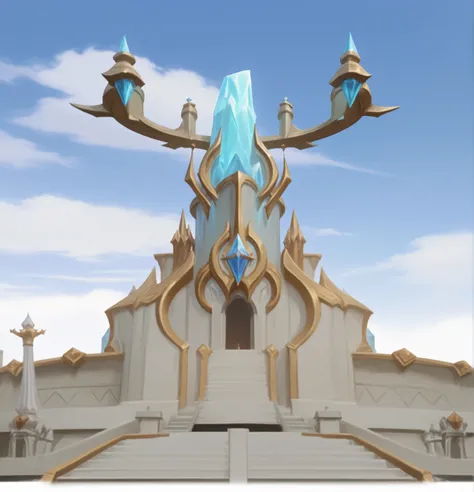 League of Legends style building,Looking up,ultra wide angle,Castle building,crystal基地,中间是一颗巨大的crystal塔,metal arch,漂浮的小crystal,The long staircase with Yanshen on the front,crystal,细致的crystal细节,crystal光泽,UE5 Rendering,League of Legends style,ROIT