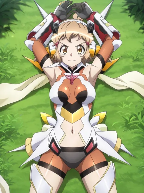 hibikigear, anime screenshot, 1girl, solo, short hair, brown hair, brown eyes scarf, headgear, navel, headphones, bodysuit, medium breasts, gauntlets,, hair ornament, shiny skin, high quality, solo, lying, on back, arms up, legs apart, closed mouth, on gra...