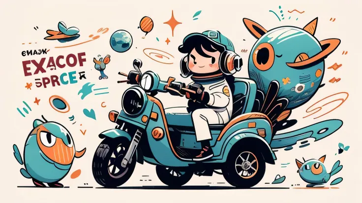cinematic film still A visually striking chibi-style astronaut is depicted with remarkable detail, wearing a black tinted visor and a crisp white suit with red straps. This adorable hero is captured riding on a 's tricycle with big grippy tires, exploring ...