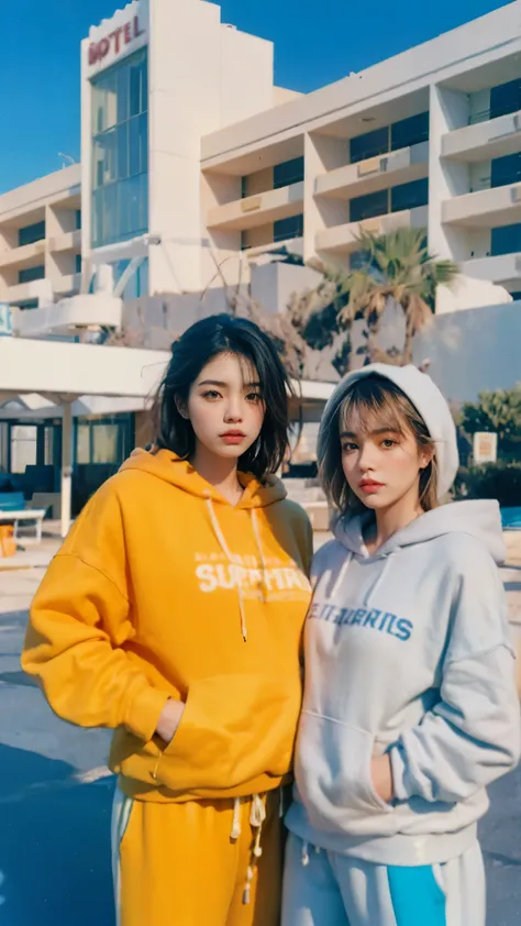 8k, 2 girls, beautiful, messy hair, (orange is too big hoodie), is too big_shirt, sweatpants ,, close-up, watch viewers, (((80's architecture colorful motel))) ,Palm Tree, blue sky, Sunny Summer, Like (photorealistic:1.2), (super real:1.3), (very well...