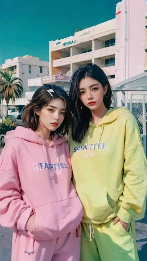 8k, 2 girls, beautiful, messy hair, (orange is too big hoodie), is too big_shirt, sweatpants ,, close-up, watch viewers, (((80's architecture colorful motel))) ,Palm Tree, blue sky, Sunny Summer, Like (photorealistic:1.2), (super real:1.3), (very well...