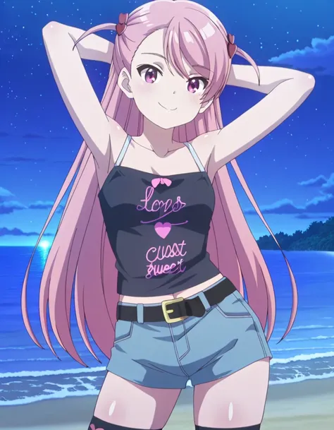 maho-casual,pink eyes,pink hair,long hair, two side up, black camisole,denim shorts,black belt,black thighhighs, anime screencap, shiny skin, high quality, solo, night sky, beach, (contrapposto), closed mouth, (hands behind head), cowboy shot, looking at v...