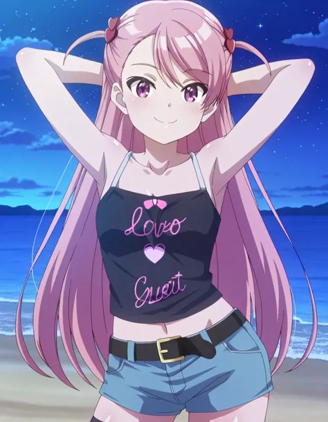 maho-casual,pink eyes,pink hair,long hair, two side up, black camisole,denim shorts,black belt,black thighhighs, anime screencap, shiny skin, high quality, solo, night sky, beach, (contrapposto), closed mouth, (hands behind head), cowboy shot, looking at v...