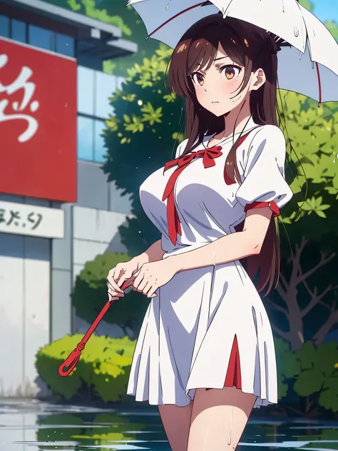 masterpiece, Best Quality, great quality,, ichinose chizuru, long hair, bungs, brown hair, brown eyes in the oral vagina, Check who is watching, Big Breasts, mature woman, anime with the crotch open, navy blue and white dress, Short sleeve, puff sleeve, pu...