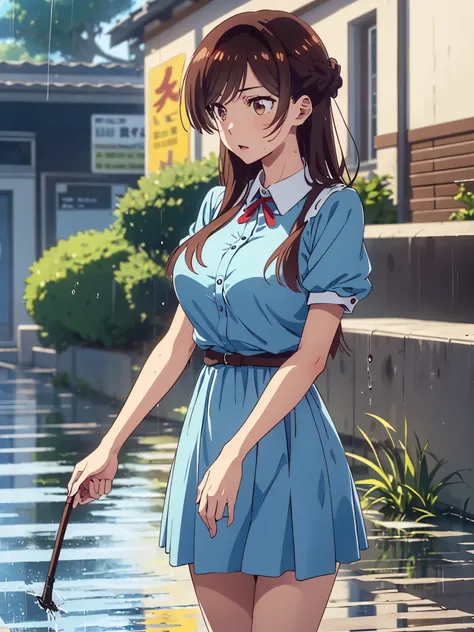 masterpiece, Best Quality, great quality,, ichinose chizuru, long hair, bungs, brown hair, brown eyes in the oral vagina, Check who is watching, Big Breasts, mature woman, anime with the crotch open, navy blue and white dress, Short sleeve, puff sleeve, pu...
