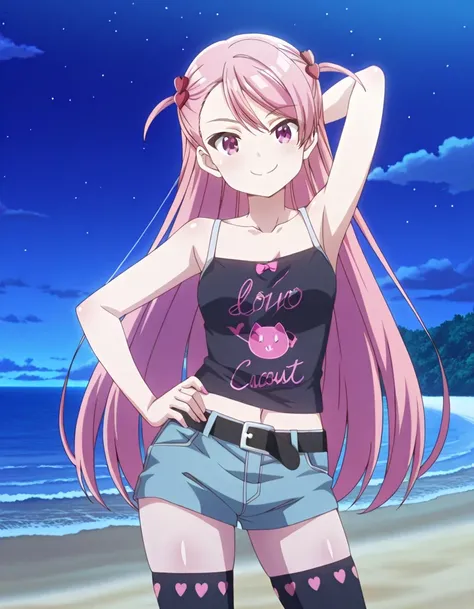 maho-casual,pink eyes,pink hair,long hair, two side up, black camisole,denim shorts,black belt,black thighhighs, anime screencap, shiny skin, high quality, solo, night sky, beach, (contrapposto), closed mouth, (hand behind head, hand on hip), cowboy shot, ...