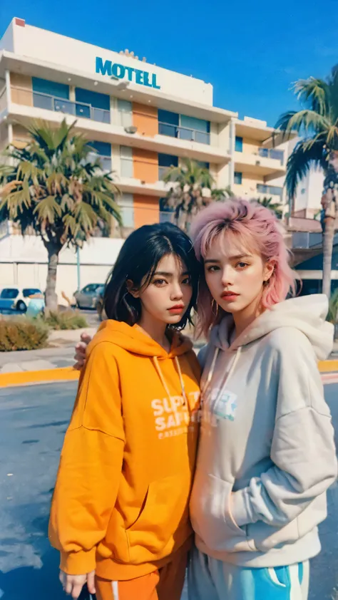 8k, 2 girls, beautiful, messy hair, (orange is too big hoodie), is too big_shirt, sweatpants ,, close-up, watch viewers, (((80's architecture colorful motel))) ,Palm Tree, blue sky, Sunny Summer, Like (photorealistic:1.2), (super real:1.3), (very well...