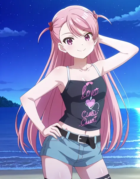maho-casual,pink eyes,pink hair,long hair, two side up, black camisole,denim shorts,black belt,black thighhighs, anime screencap, shiny skin, high quality, solo, night sky, beach, (contrapposto), closed mouth, (hand behind head, hand on hip), cowboy shot, ...