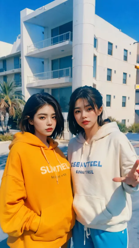 8k, 2 girls, beautiful, messy hair, (orange is too big hoodie), is too big_shirt, sweatpants ,, close-up, watch viewers, (((80's architecture colorful motel))) ,Palm Tree, blue sky, Sunny Summer, Like (photorealistic:1.2), (Super Real:1.3), (very well...