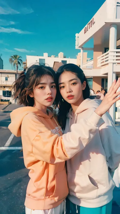 8k, 2 girls, beautiful, messy hair, (orange is too big hoodie), is too big_shirt, sweatpants ,, close-up, watch viewers, (((80's architecture colorful motel))) ,Palm Tree, blue sky, Sunny Summer, Like (photorealistic:1.2), (super real:1.3), (very well...
